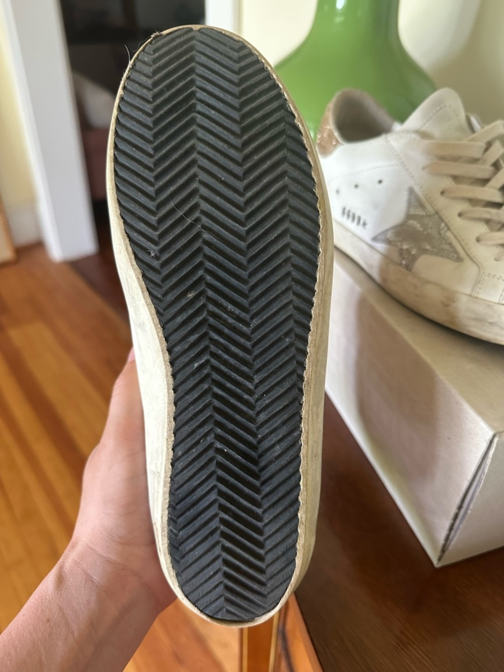 Golden Goose White Sneakers with Gold Glitter Heel and Silver Star - Picture 12 of 13